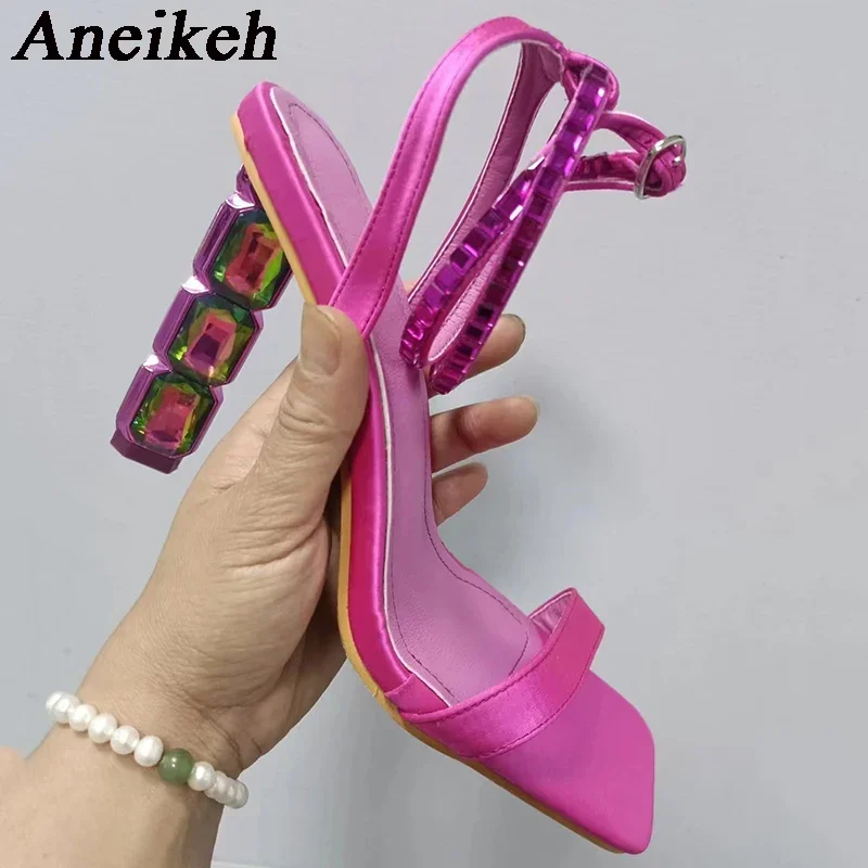 

Aneikeh Square Head Crystal Diamond Shiny High Heel Sandals Decorative Buckle Strap Fashion Party 2025 Summer Women's Sandal