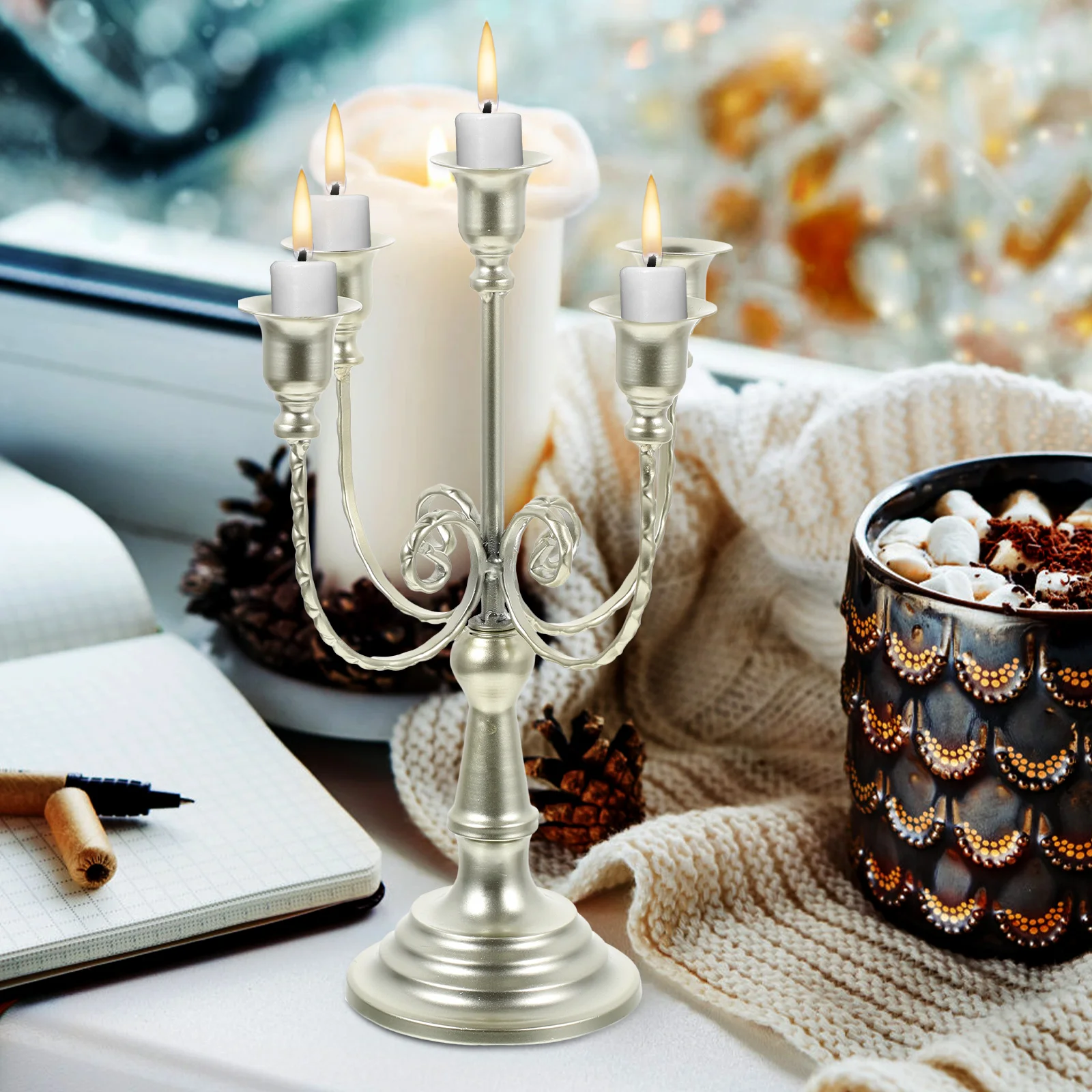 

European Style 5-Arm Metal Holder Candelabra Iron Art Home Tabletop Ornament Romantic Lighting Decoration