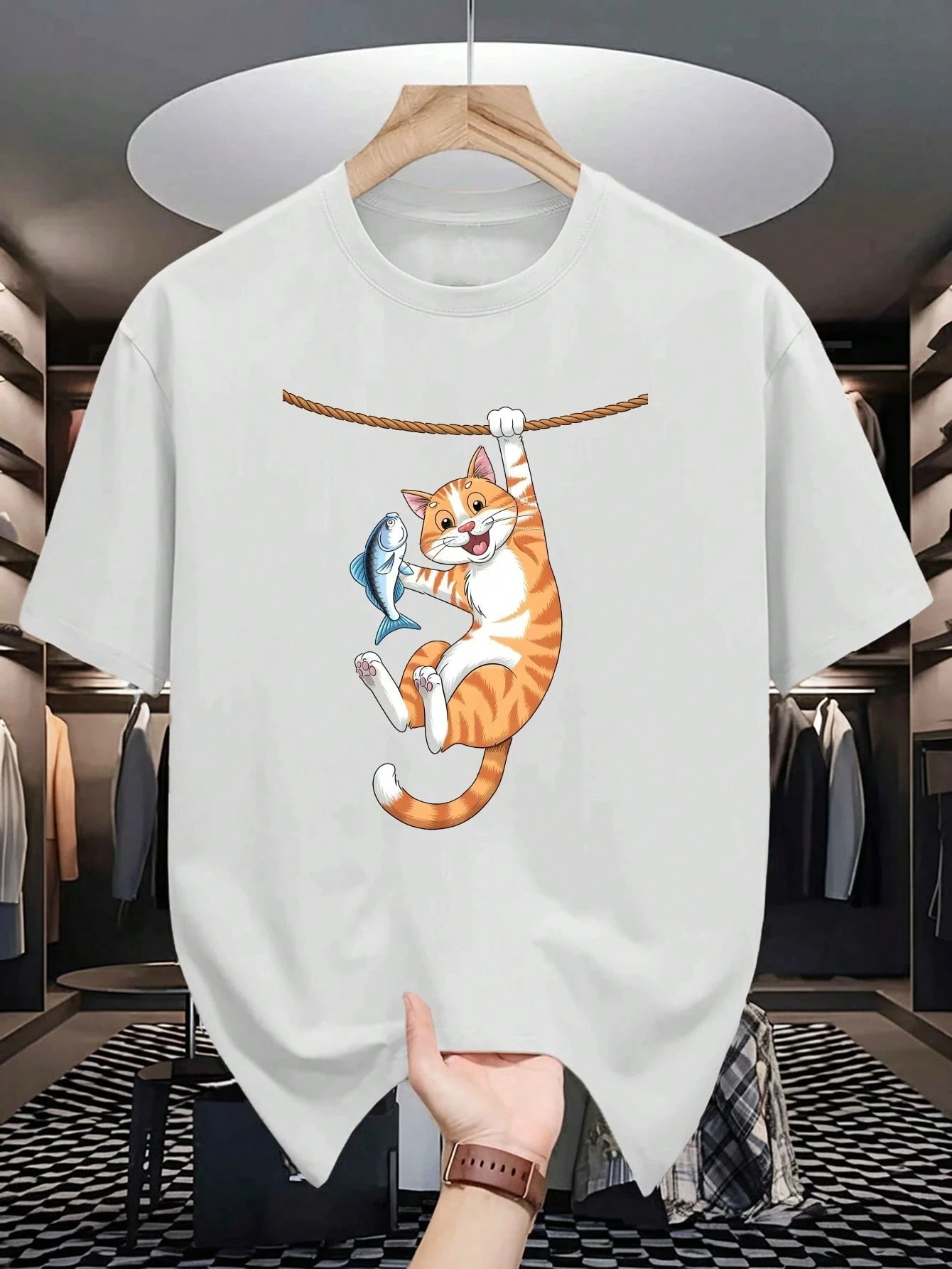 تي شيرت رجالي عصري للشارع على شكل قطة وأسماك تي شيرت مناسب للاستخدام الخارجي للجنسين يسمح بمرور الهواء ملابس شارع هاراجوكو قطنية