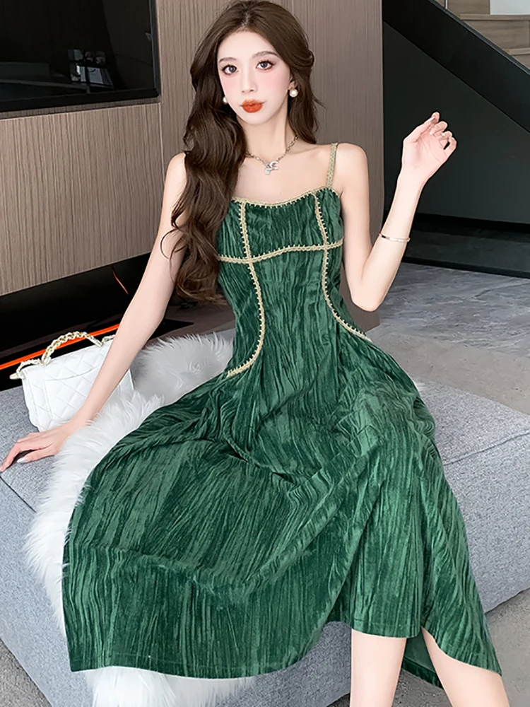 Autumn Winter Green Velvet Sling Sexy Club Dress Women Elegant High Waist A-Line Long Dress 2024 Korean Vintage Elegant Vestidos