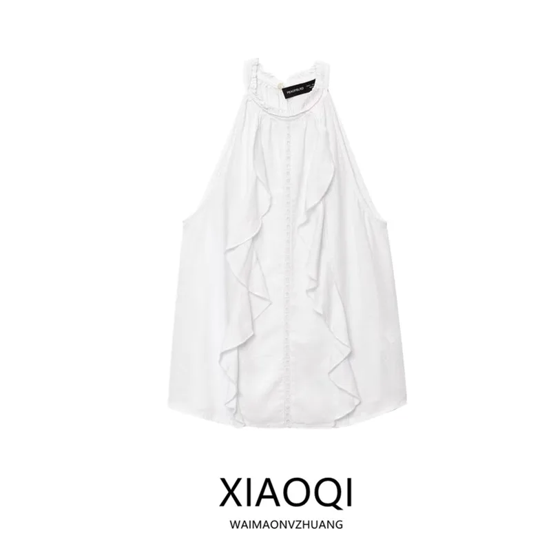 

Summer 2025 Women's Faionable Mixed Fiber Ne Hanging Decoration Layered Top Loose Fit Svel round Ne Color