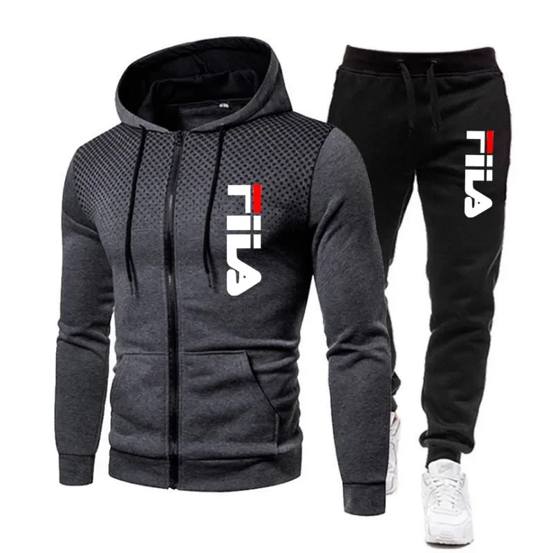 2025 men's new autumn and winter printed zipper hoodie + elastic pants set fashion casual jogging fitness sports clothing set