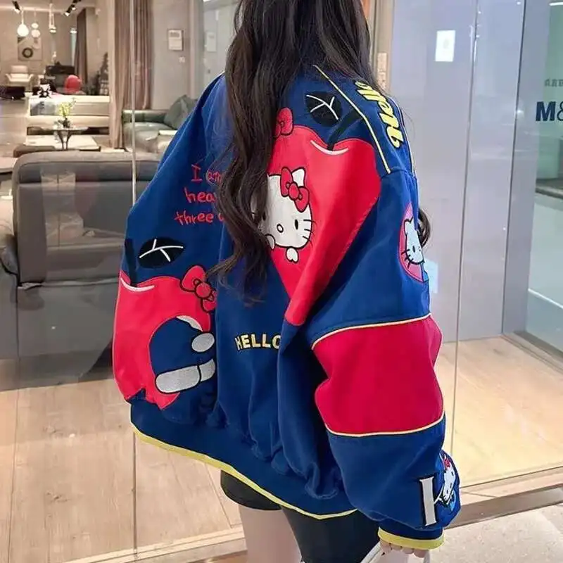 

Miniso Cartoon Hellokitty Y2k Baseball Jacket Button American Retro Coats Embroidery KT Cat Harajuku Jacket Women Oversized Coat