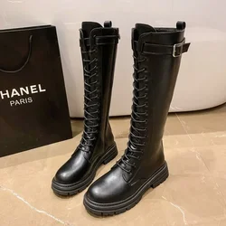 Botas de combate de couro preto para mulheres, sapatos góticos, com renda, altura do joelho, plataforma feminina, anti outono, 2023