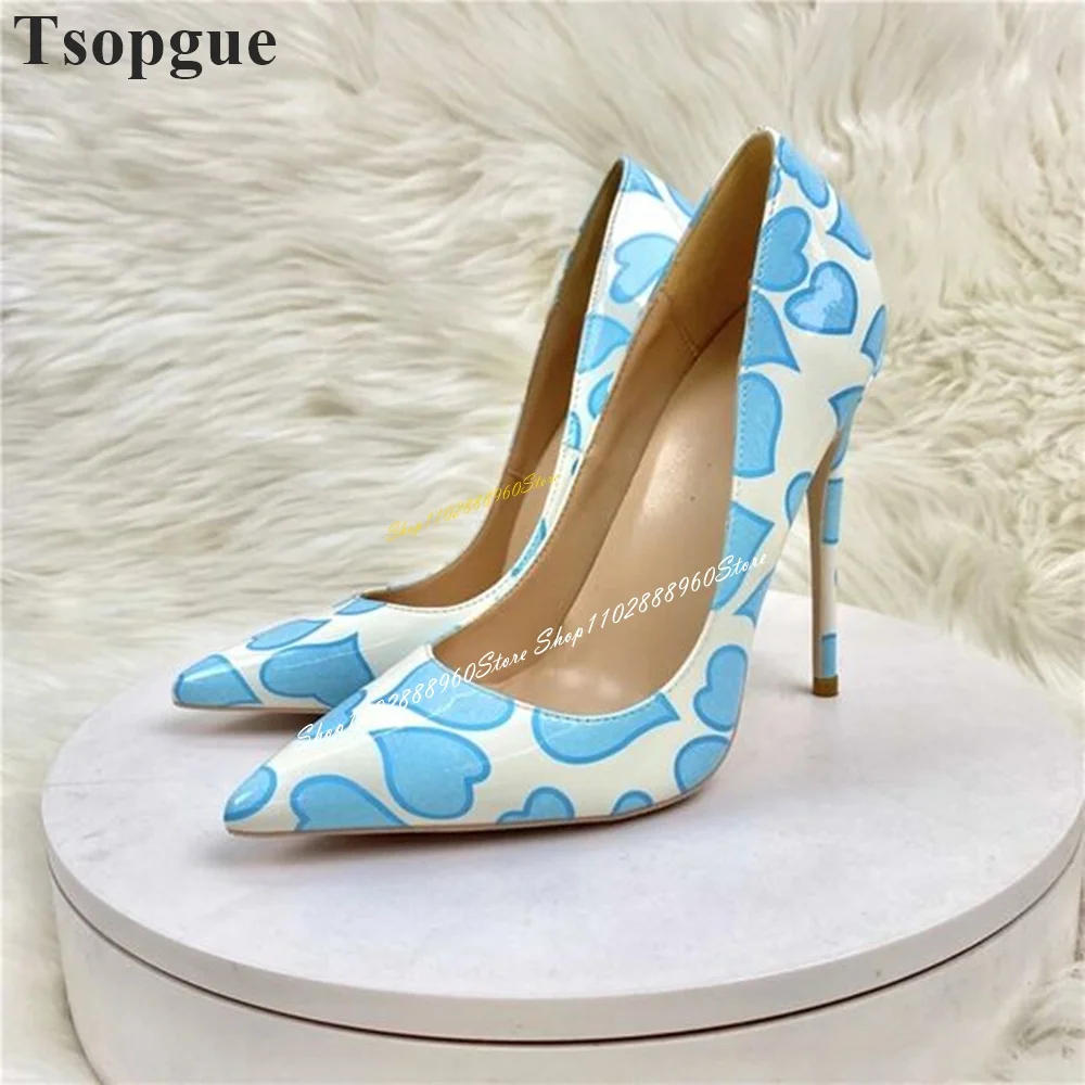 

Mixed Heart Print Artificial Leather Pumps Thin High Heel Shoes For Women Slip On Pointed Toe 2024 Fashion Zapatos Para Mujere