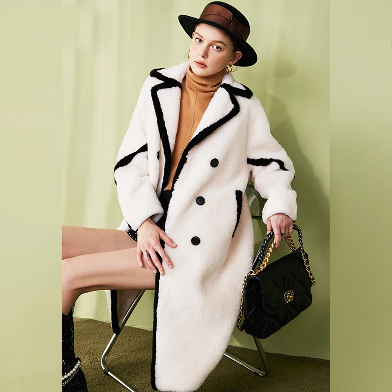 

2022 Merino lamb wool fur coat women's suit collar leather fashion long overcoat fur