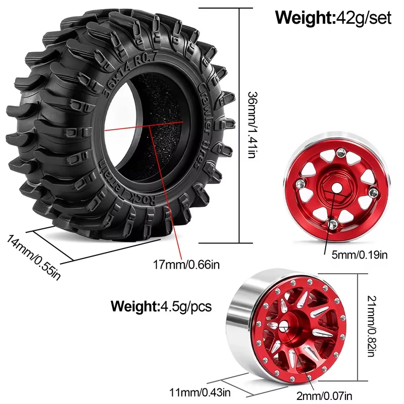 4pcs 0.7 inch 40*16mm Metal RC Crawler Tires and Wheels for 1/30 Axial SCX30 Ford Bronco Jeep Wrangler K10 Upgrade Parts
