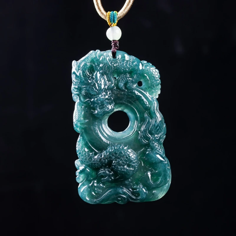 

Натуральный жадеит, голубой водный дракон, бренд Kowloon Guardian, зодиакальный дракон, ледяной нефритовый ожерелье, кулон, праздничная вечеринка, амулет, подарок