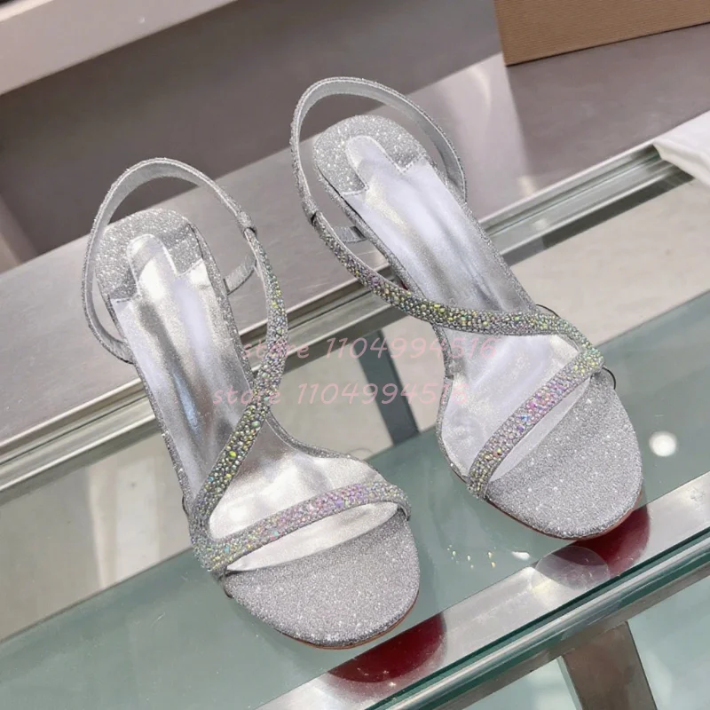 

Rhinestone Shiny Open Thin Heels Women Back Strap Slingback Pumps One-Strap Round Toe Sandals 2025 Lady Sexy Party Wedding Shoes