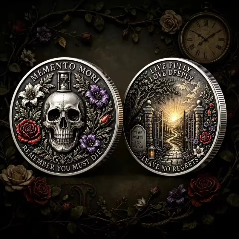 2D Memento Mori Skull Rose Hourglass Commemorative Coin Live Fully Leave No Regrets Gothic Silvery Plated Collectible Token