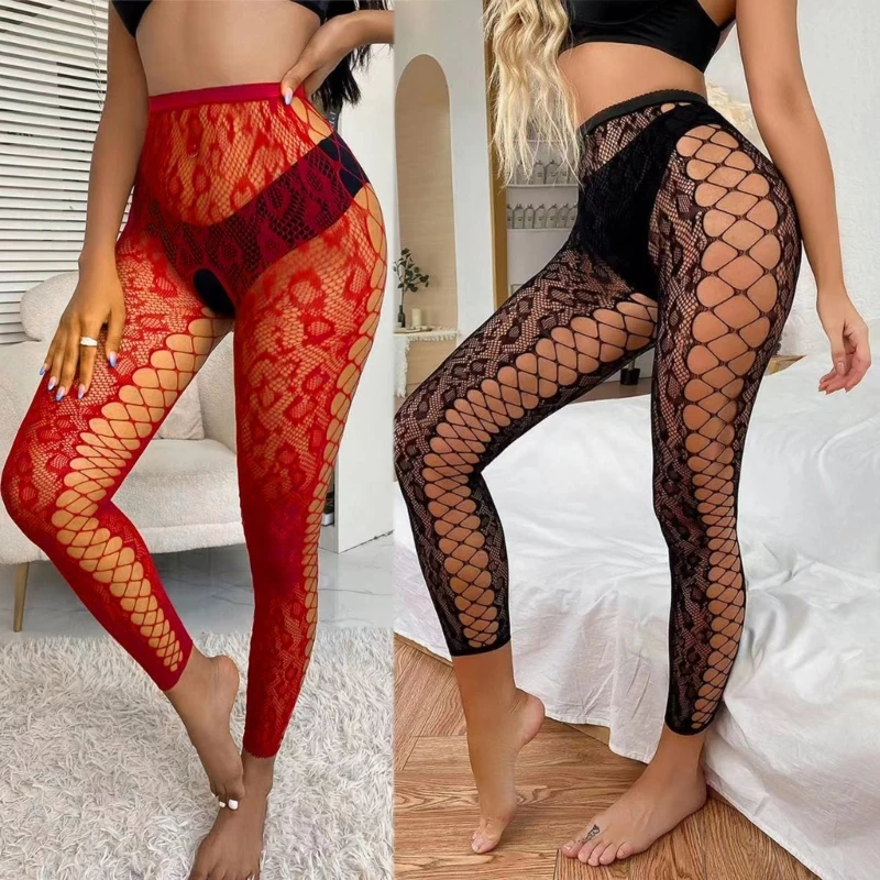 Women Open Crotch Tights Side Hollow-Out Sheer Mesh Footless Pantyhose Stockings