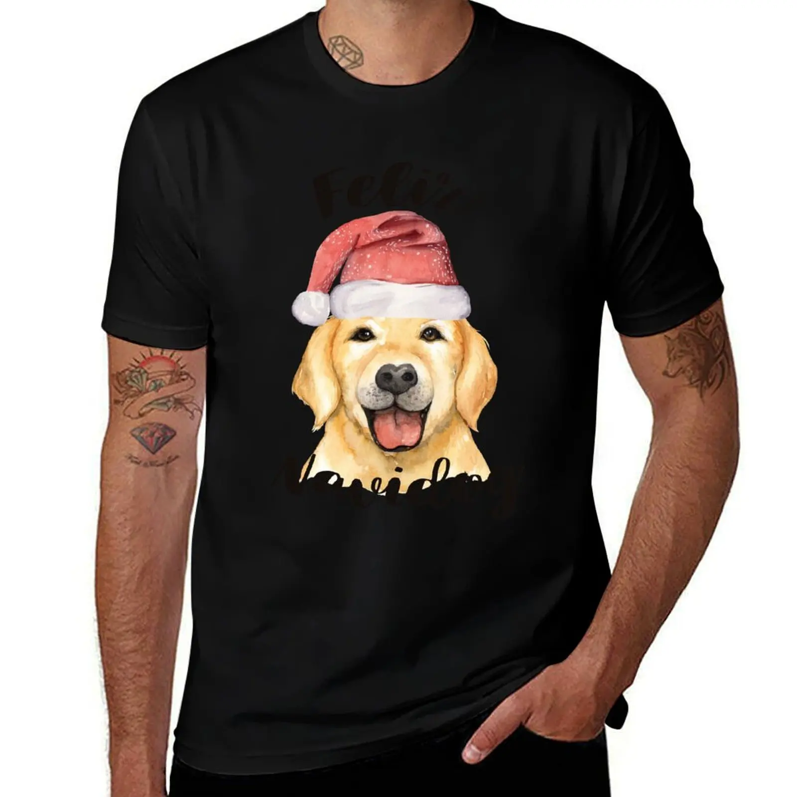 Feliz Navidog Golden Retriever Christmas T-Shirt Festival Casual Short Sleeve