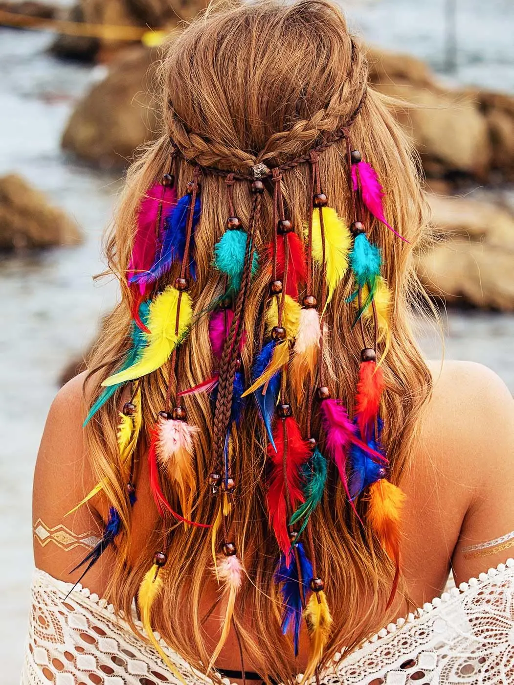 Rainbow Boho Feather Headband Indian Headbands Hippie Feather Headdress Adjustable Long Feather Hair Accessories for Lady