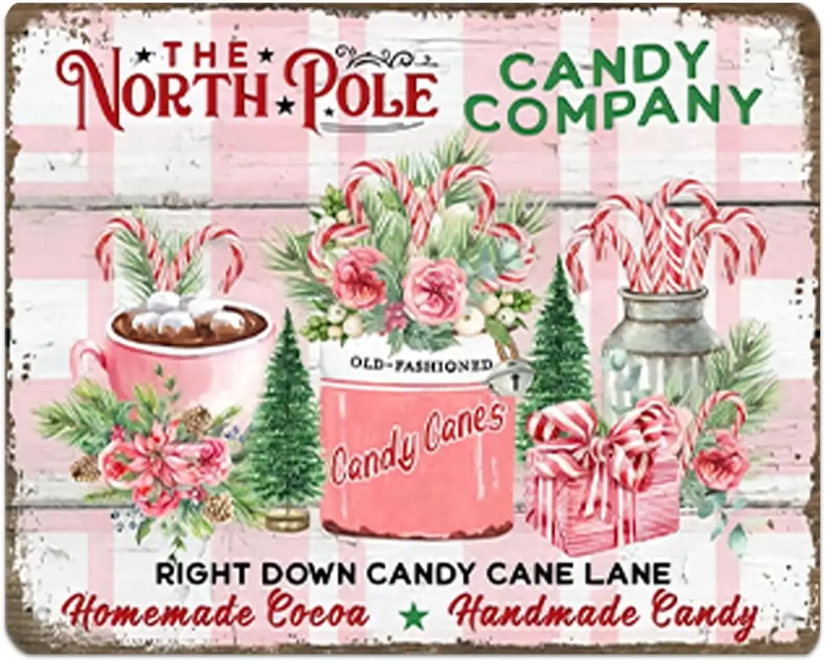 North Pole Candy Cane Co Sweet Shoppe Sign, Pink Sweets Christmas Tag Wall Decor Tin Sign Shabby Chic Metal Sign for Home Cafes