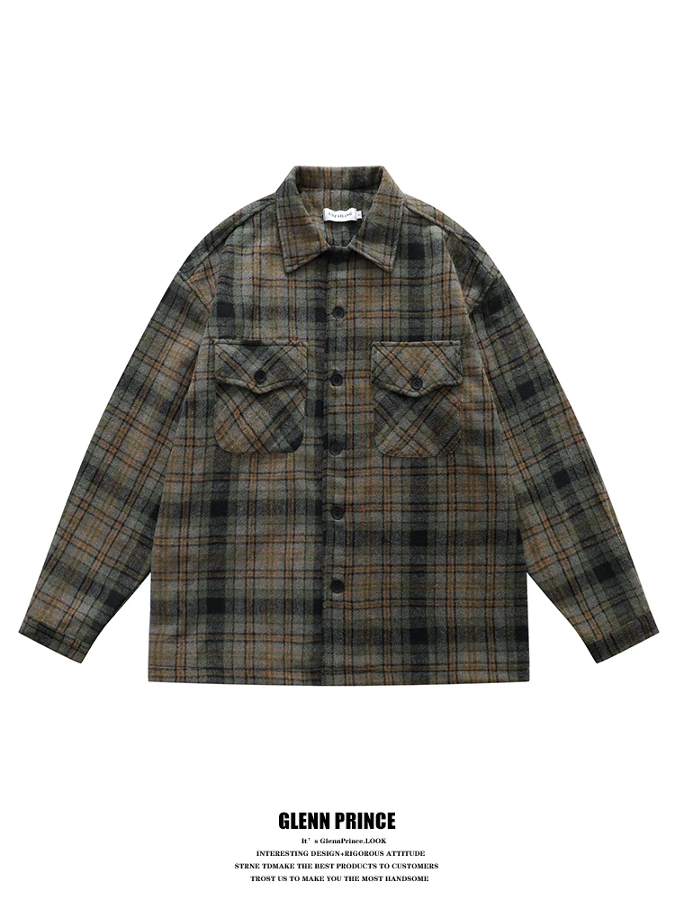 

Мужская удлиненная шерстяная рубашка GPstudio оверсайз в винтажную клетку, повседневная, не требующая глажки, смесь хлопка и полиэстера