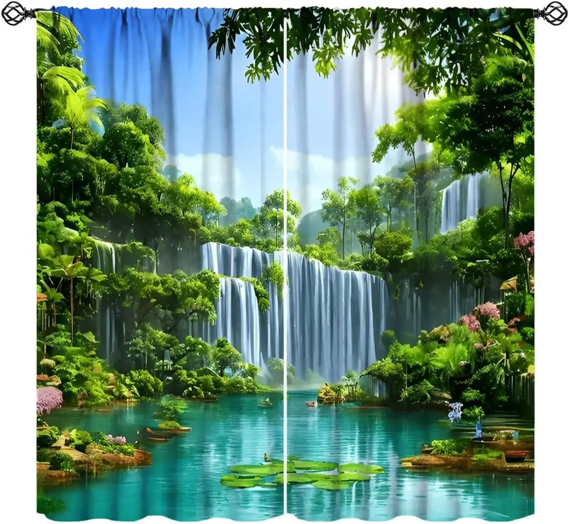 Waterfall Curtains, Tropical Jungle Forest Spring Nature Scenery Window Treatment, Rod Pocket Drapes Bedroom Living Room Kitchen