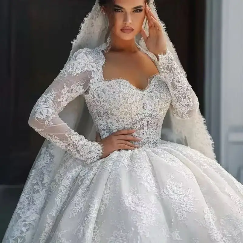 Customized Luxury Royal Ball Gown Wedding Dresses Long Sleeves Wedding Dresses Lace Bride Gown Robe Vestido De Noiva