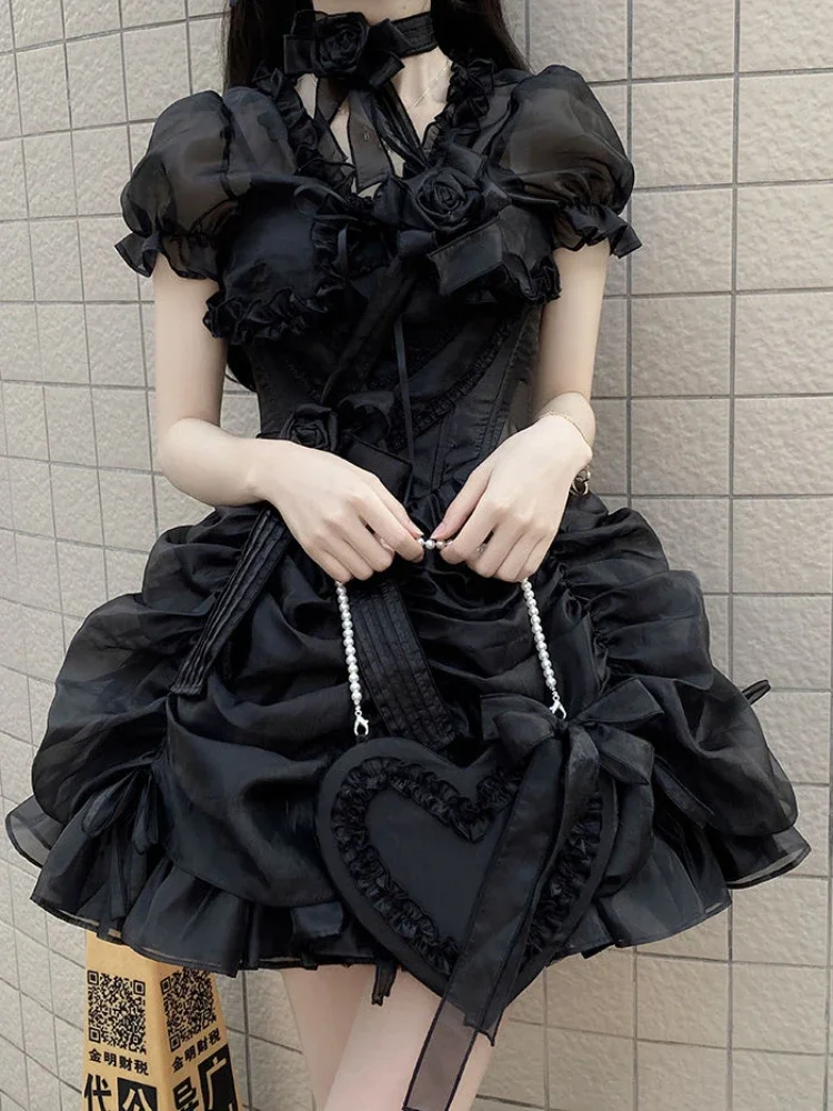 2026 Lolita Women Summer Crop Blouse Y2k Sweet Bandage JK Blusas Capes Cosplay Harajuku Ruffled Puff Sleeve Shirt Kawaii Mujer