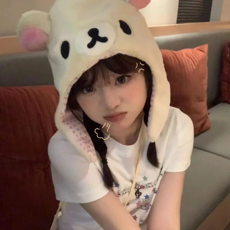 Kawaii Rilakkumaa Korilakkumaa Bear Plush Ushanka Hat Cute Winter Warm Hat For Women Girls Boys Kids Cartoon Anime Cap Gorras