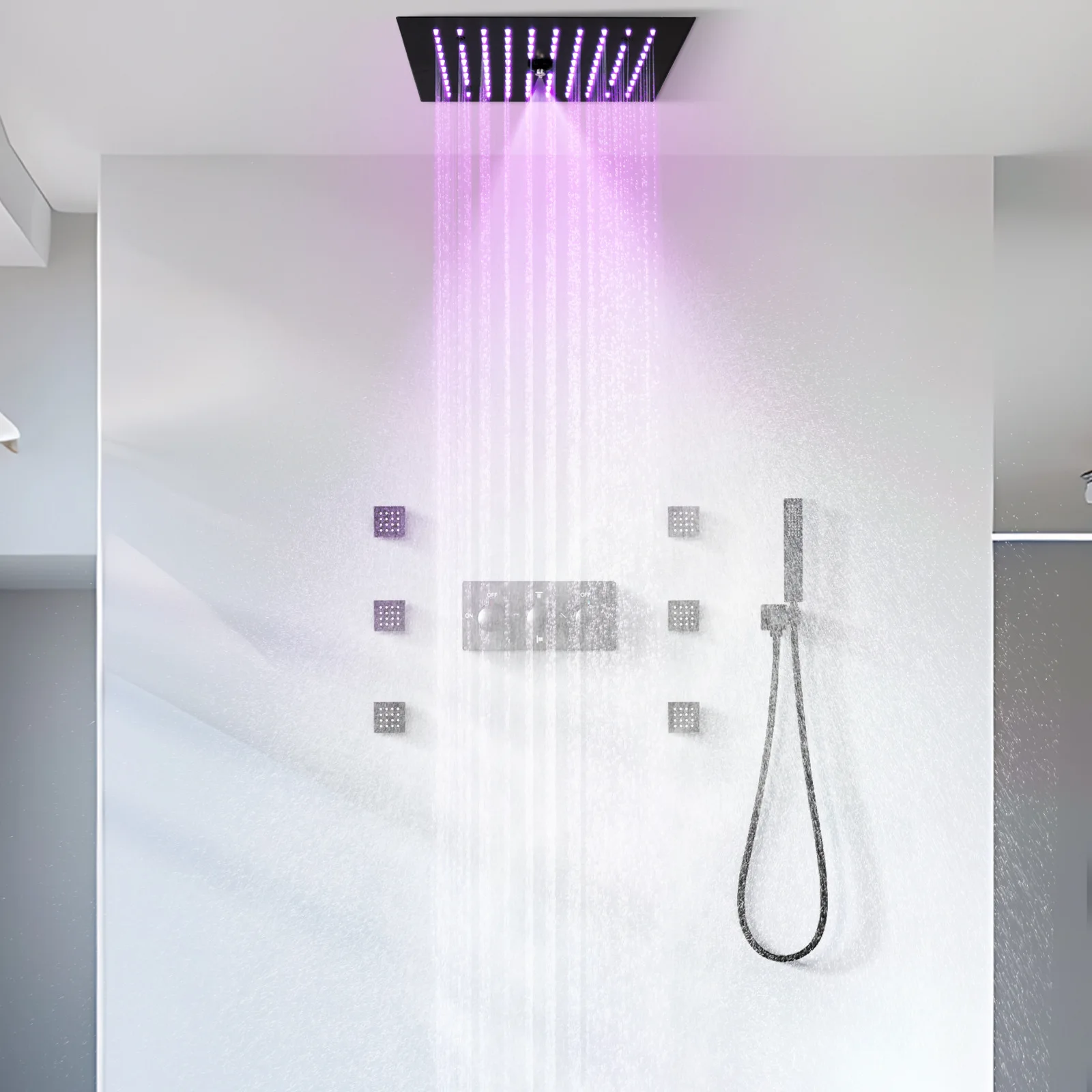 

Квадратная черная скрытая потолочная душевая система с 4 режимами: тропический душ и водопад, комплект смесителей для душа