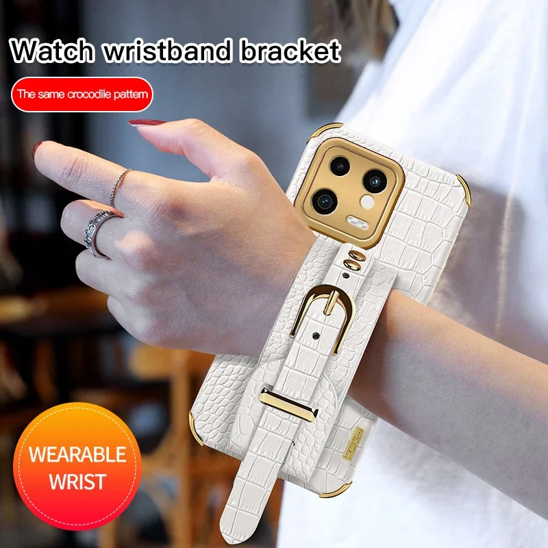 

Crocodile PU Leather Wrist Strap Phone Case for XiaoMi 13T 12X 11 Lite 14 12S Ultra 15T Holder Stand Wristband Cover Cases