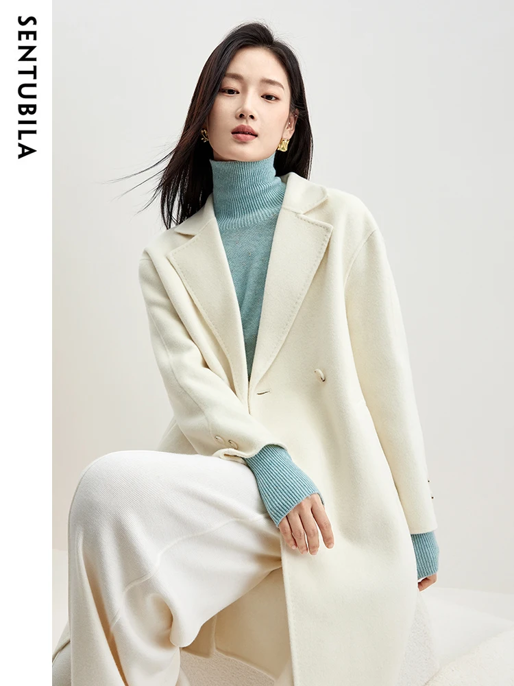 

Sentubila 100% Wool Winter Long Coat for Women Outerwears 2024 Elegant Korean Notched Collar Double Sided Overcoat W44O56471X