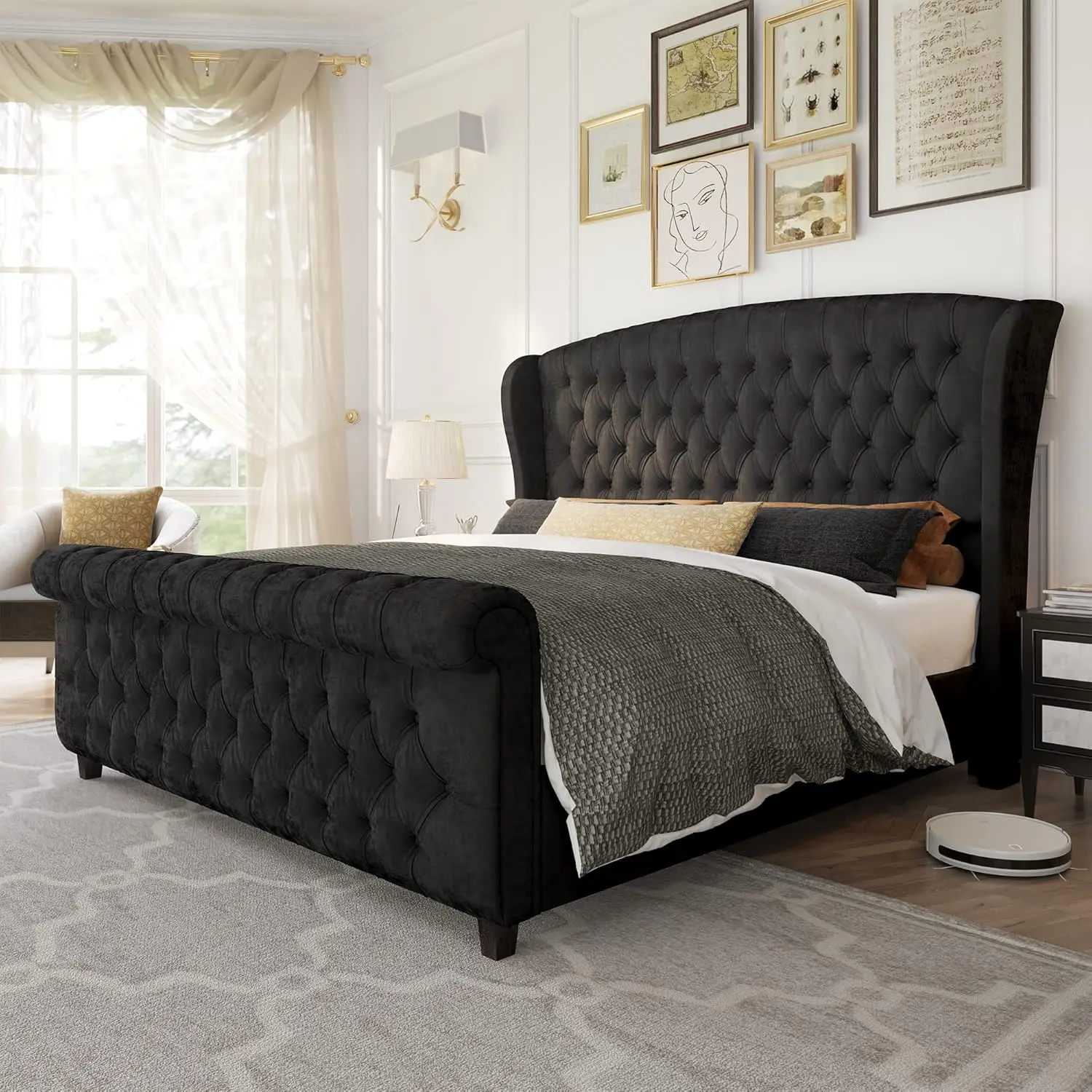 Queen Size Platform Bed Frame,Velvet Upholstered Sleigh Bed with Scroll Wingback Headboard Footboard/Button Tufted/No Box Spring