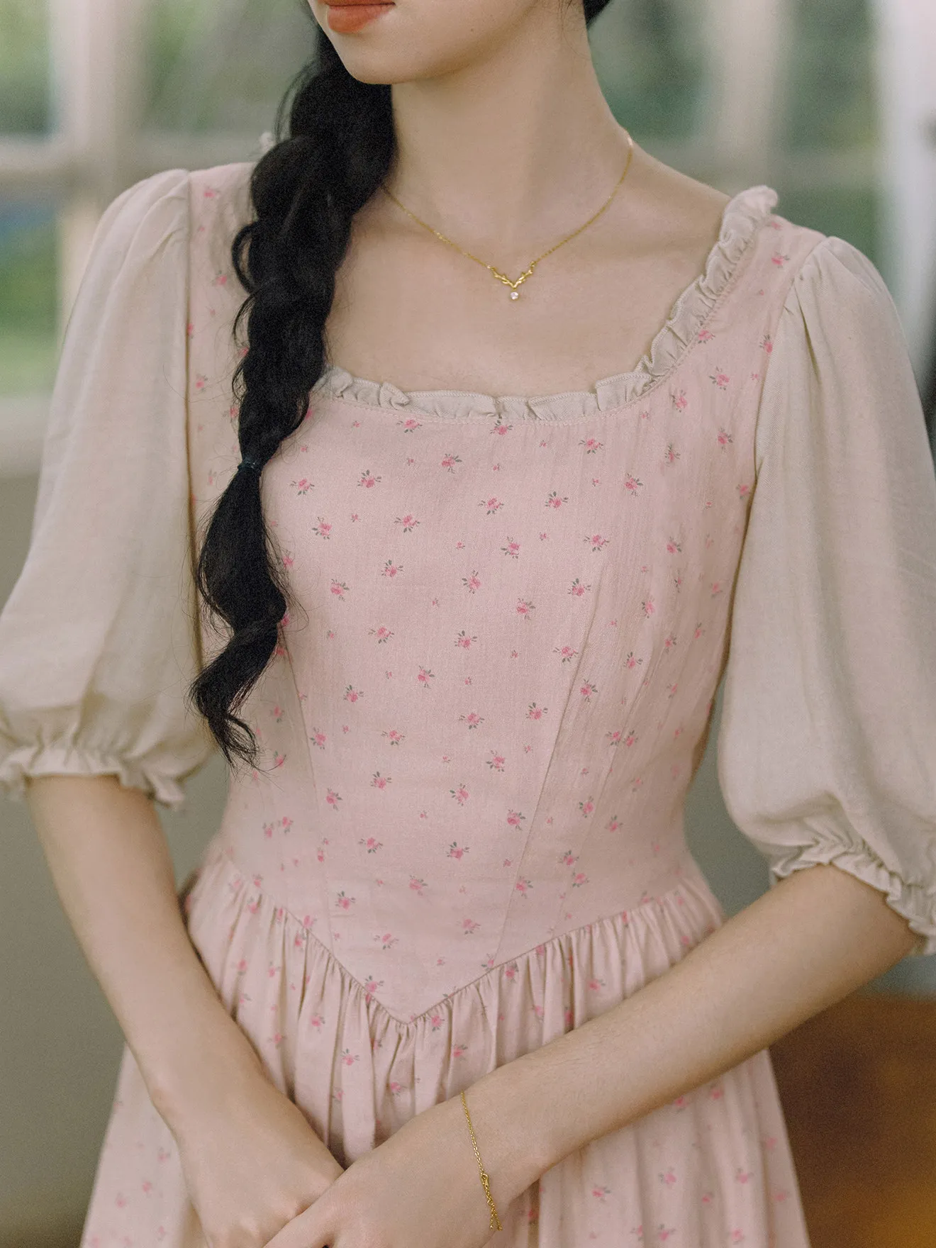 84-96cm Bust Spring Summer 100%Cotton Dresses Women French Vintage Square Neck Floral Print Dress Elegant Slimming Chic Dresses