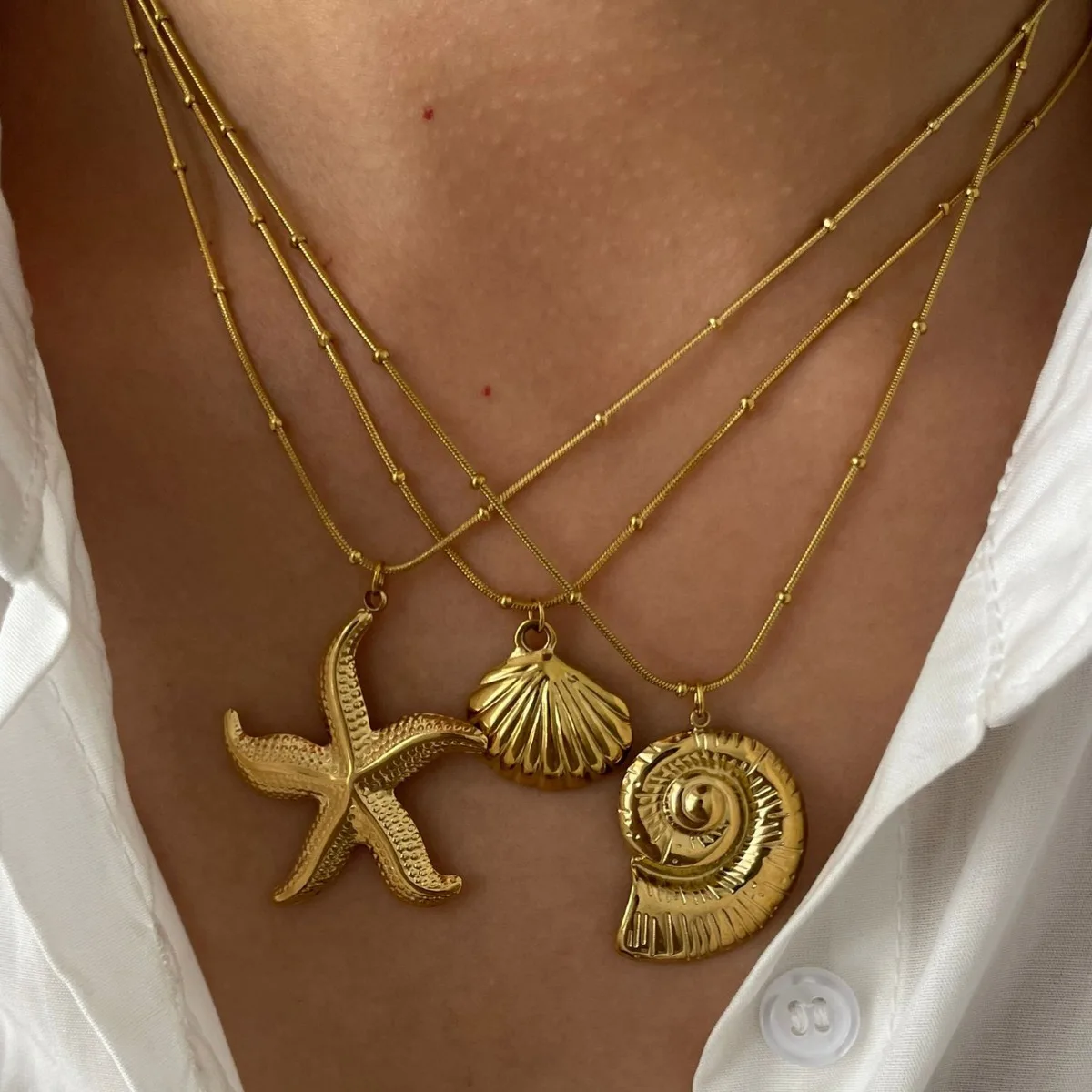 

Stainless Steel Starfish Stripe Conch Scallop Shaped Pendant Necklace for Women Waterproof Trend Jewelry Summer Beach Party Gift