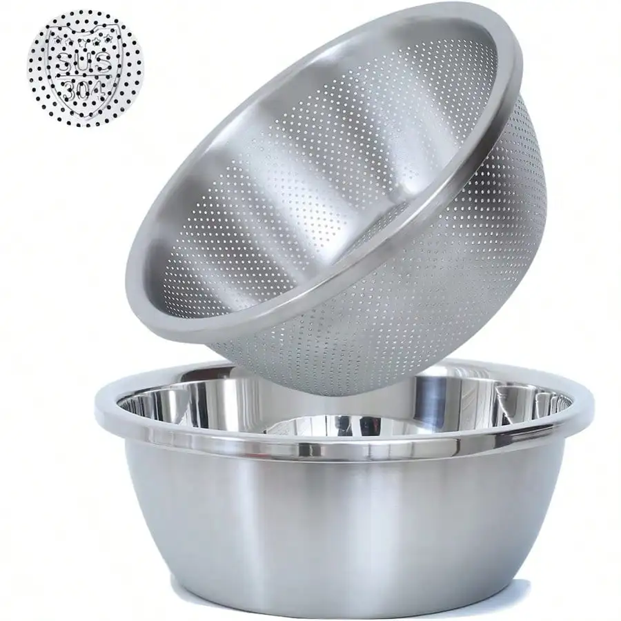 

304 Stainless Steel Microporous Colander, 1.5QT Large Capacity With Mixing Bowl For Washing Vegetables, Fruit And Rice And For Draining Cooked Pasta(2PC)