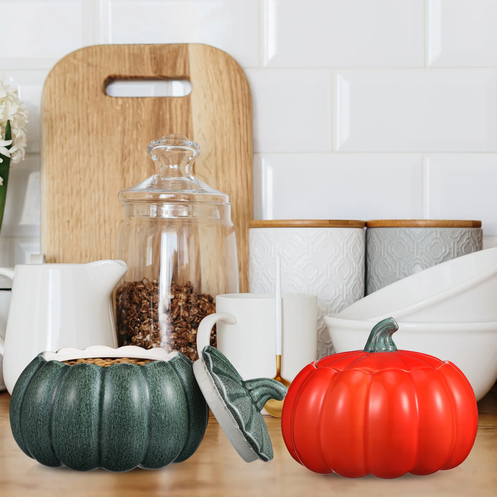 

2Pcs Ceramic Candy Jars Pumpkin Shape with Lid Food Storage Container Snack Treat Canisters Decorative Treat Jar