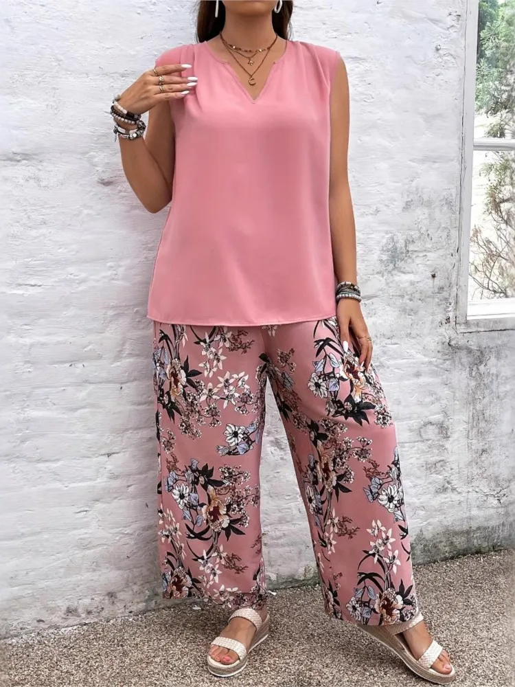 Conjuntos con estampado de moda para mujer, Tops informales holgados sin mangas con cuello en V + pantalones de pierna ancha de cintura alta, conjunto de 2 piezas para vacaciones