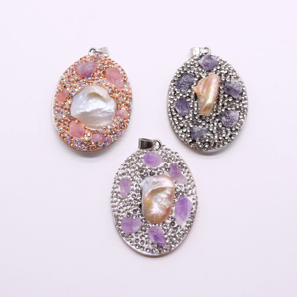 

Oval Shape Natural Stone Inlaid Baroque Pearl Shell Pendant Accessories for DIY Making Necklace Pendant &Earnning Jewelry