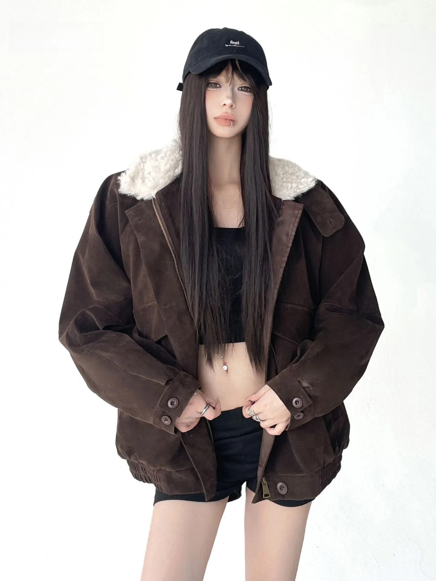 

American Style Thickened Suede Collar Fleece Lined Cotton Jacket Women Outerwear Winter Lazy Warm Cotton Clothes