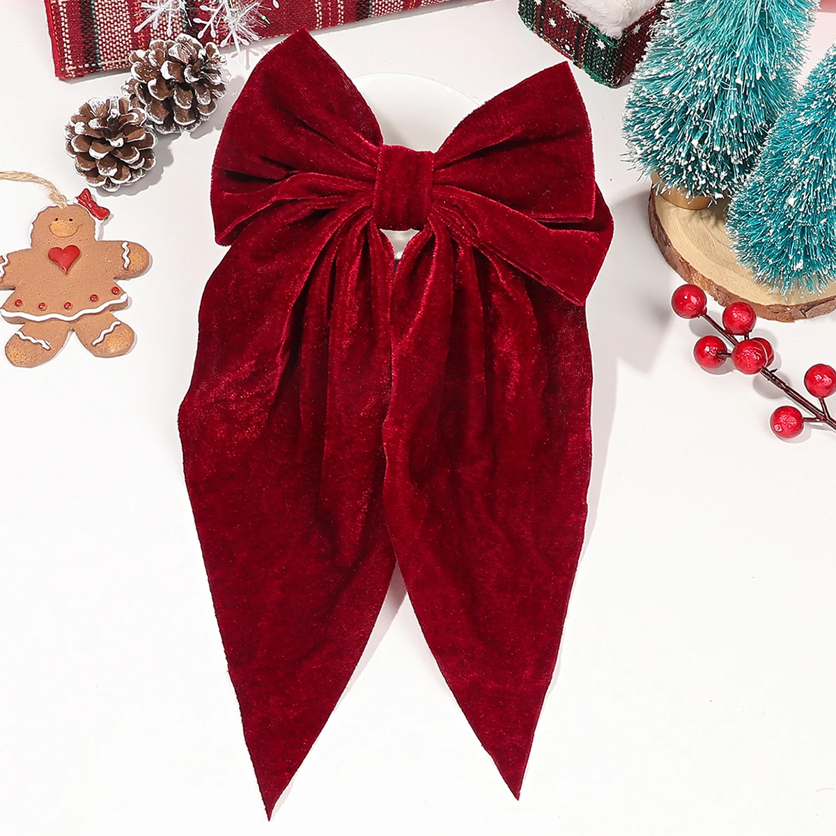 1 Pcs Velvet Red Bow Hair Clips with Long Tail Hair Bow,Hair Accessories Slides Metal Clips for Girls Women