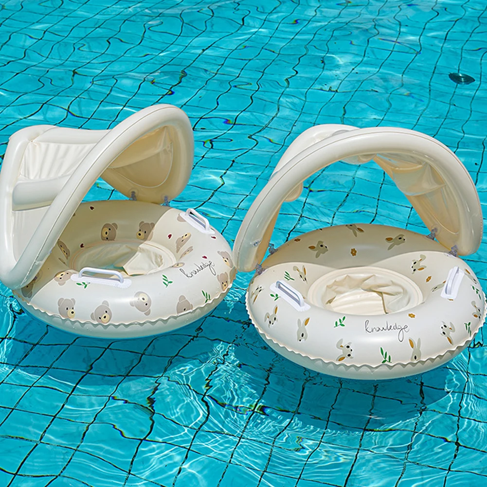 Baby Swim Ring Inflatable Pool Floats Leakproof Floral Pool Rings with Handles & Seat with Sun Protection Canopy for Boys Girls