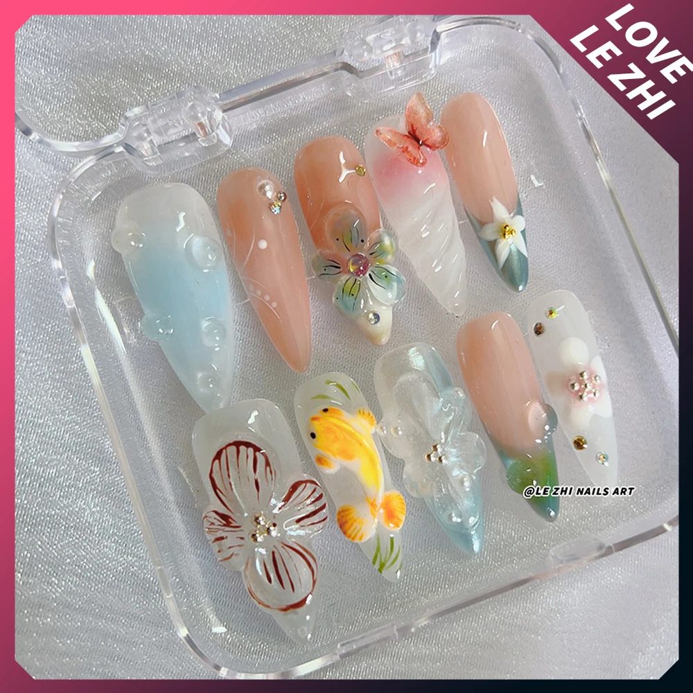 Y2K Spice Girl Punk Long Square Almond Handmade Nail Party Sticker Magic Mirror Pink Pearl Rhinestone Wearable Press On Nails