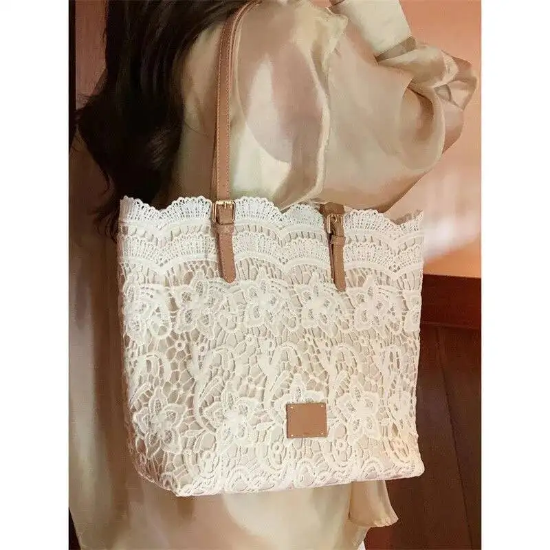 Bloom Fairycore Aesthetic Lace Shoulder Bags Women Retro Large Capacity Beige Handbag Wallet Gentle Vintage Underarm Bag 2025