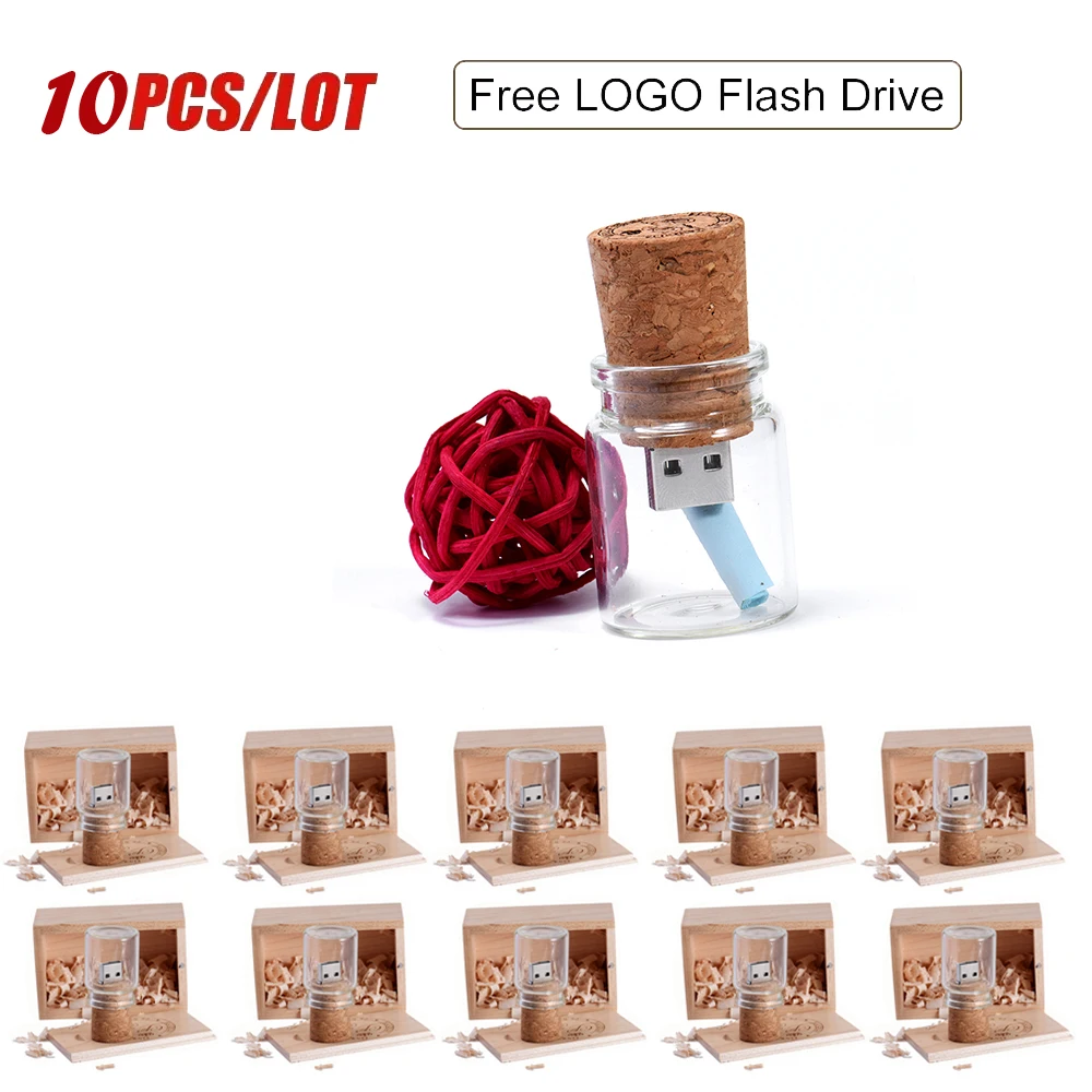 10pcs/lot New Drift Bottle Usb 2.0 Flash Drives Glass Wooden Cork Pendrive 16GB 32GB 64GB 8GB U Disk 1 PCS Free Custom LOGO