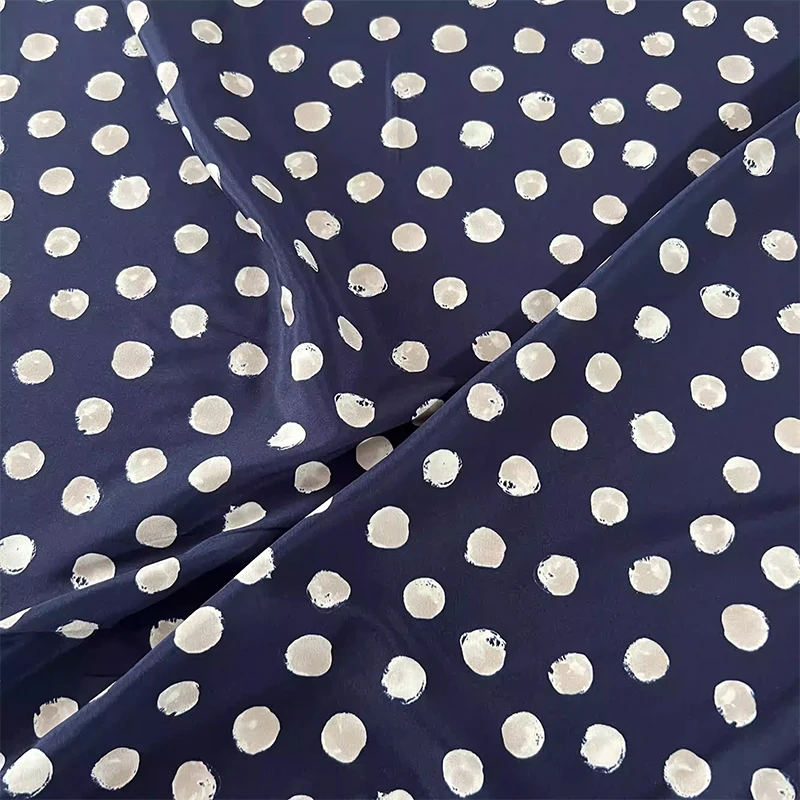 1 meter 100% Mulberry Silk 25 momme Heavy Crepe Silk Fabric Navy Color Dots Printed 114cm 45