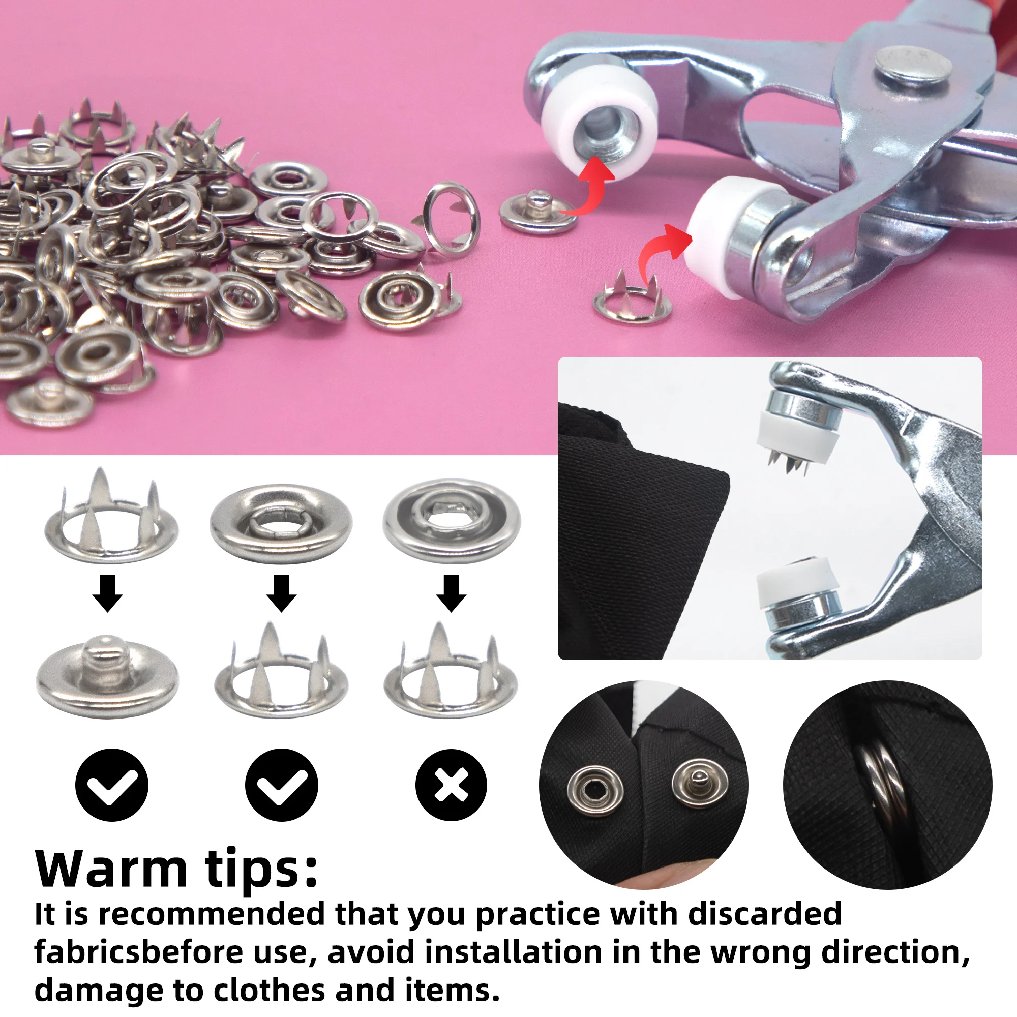 50 Sets Snap Fasteners Kit Tool, Metal Snap Buttons Rings with Fastener Pliers Press Tool Kit for Clothing Sewing