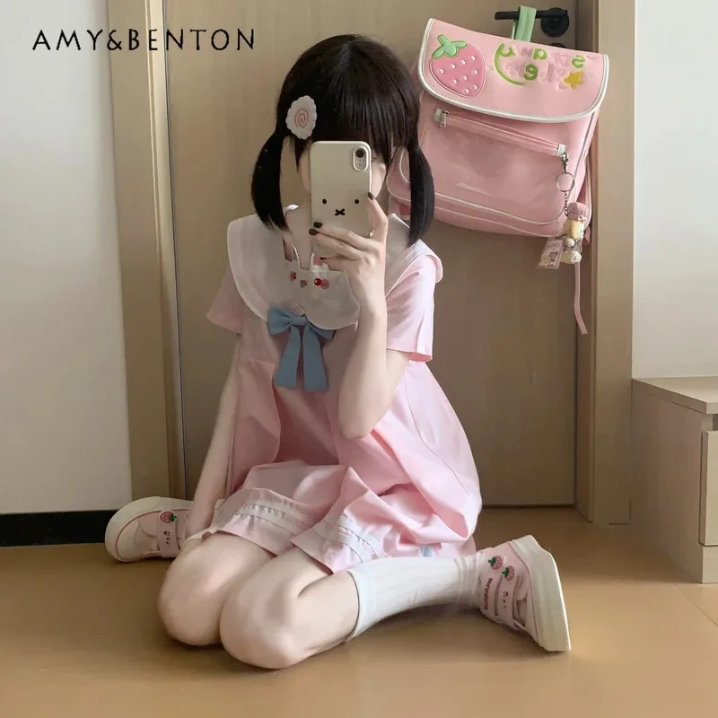 25COSCute آذان أرنب مطرزة الياقة البحرية فستان قصير نحيف الصيف اليابانية نمط Preppy الحلو كم قصير سليم الوردي مطوي