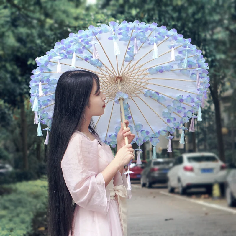 Hanfu Cosplay Animation Tassel Petal Hanfu Beach Umbrella Props Blue Purple Flower Umbrella Parasol Paraguas Inverso