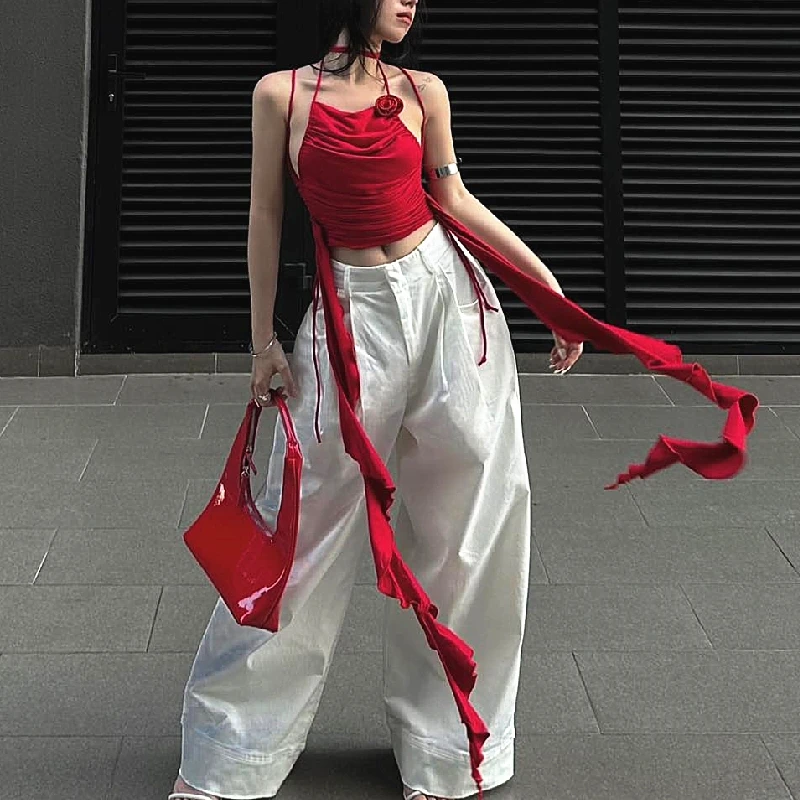 Xeemilo Vintage Red Off Shoulder Tank Top Y2K Chic 3d Flower Ruffles Backless Crop Tops Summer 2023 Sexy Pleated Halter Camisole