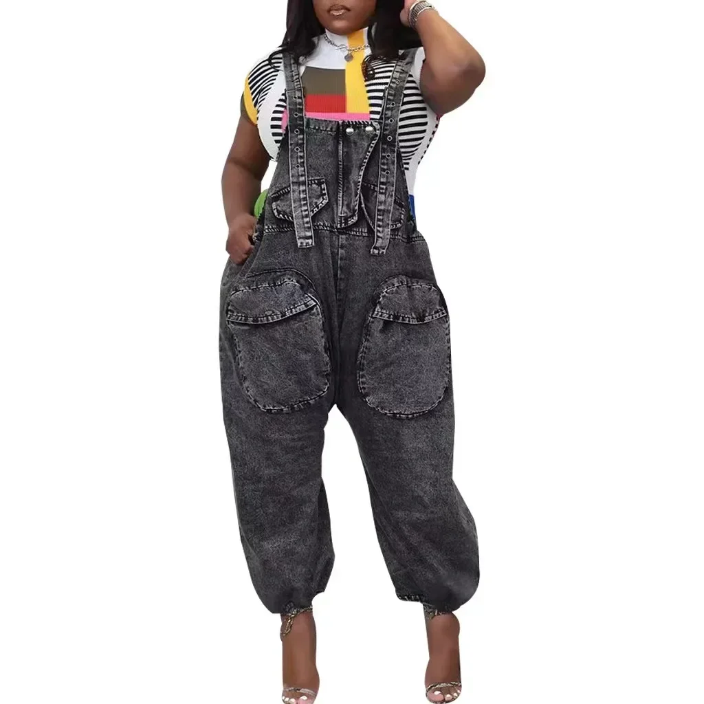 

Denim Jumpsuits for Women Wide Leg Pants One Piece Female Rompers Casual Overalls Vintage Suspenders Pockets Jeans Playsuits