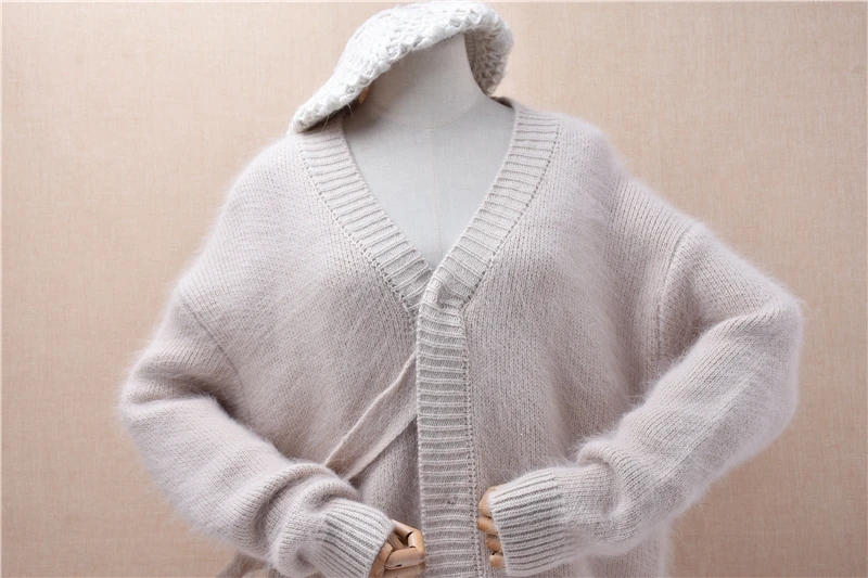 Ladies Women Autumn Winter Clothing Hairy Angora Rabbit Hair Knitted Long Sleeves V-Neck Loose Cardigans Sweater Jacket Pull Top