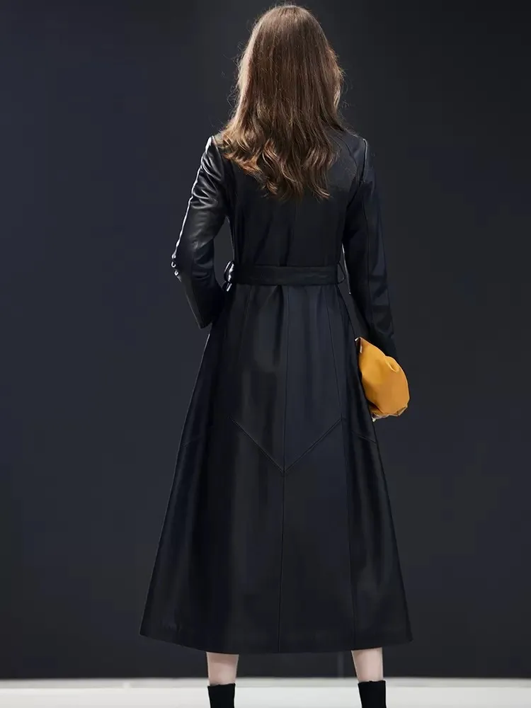 Trench-Coat en cuir véritable pour femme, vêtement de marque de bonne qualité, en peau de mouton naturelle, col en v, élégant, à simple boutonnage