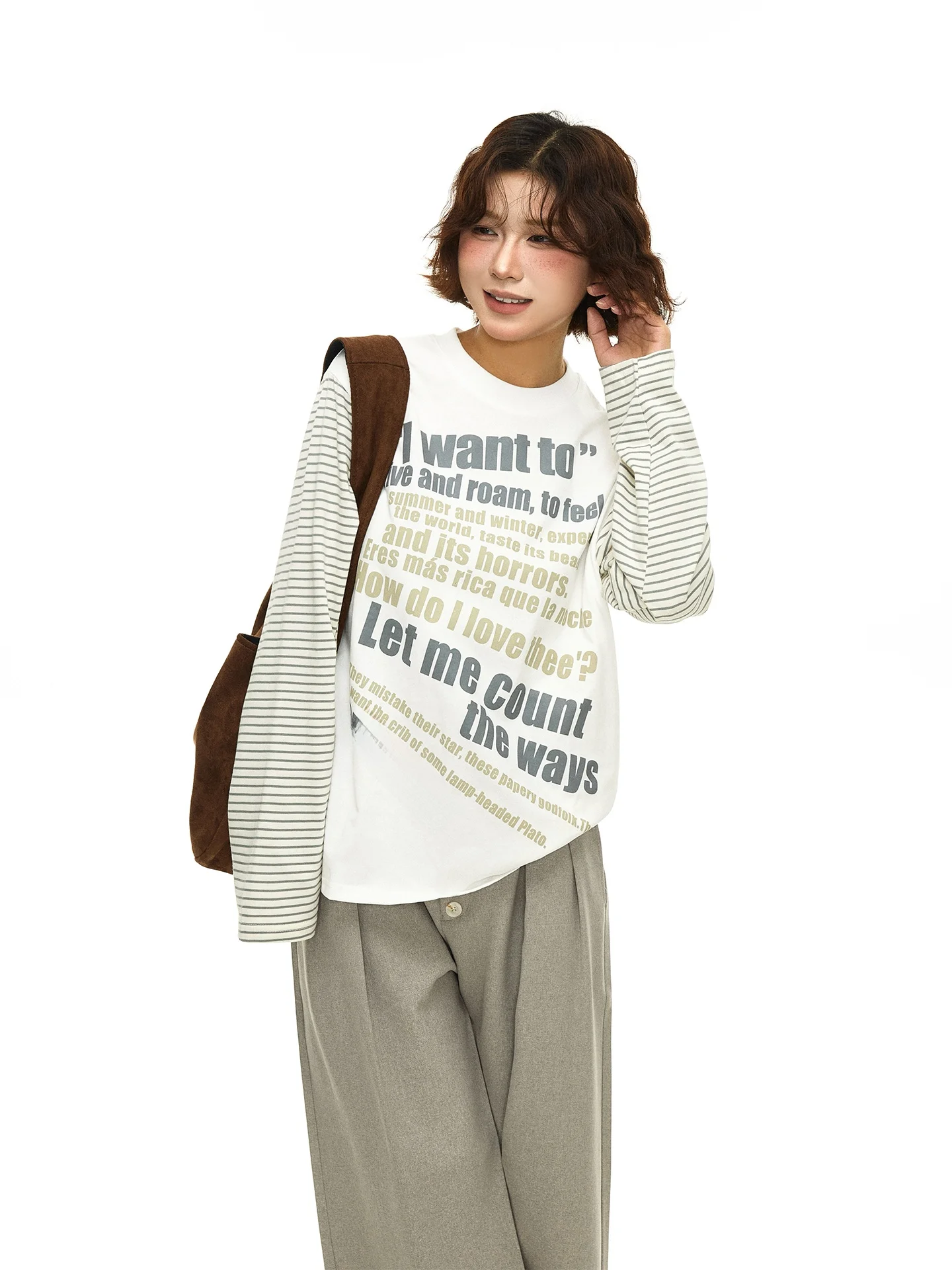 

Chen Zhanlao Store American Retro Striped Patchwork Long Sve T-irt Women's Spring New Loose Lazy Sle Casual Top