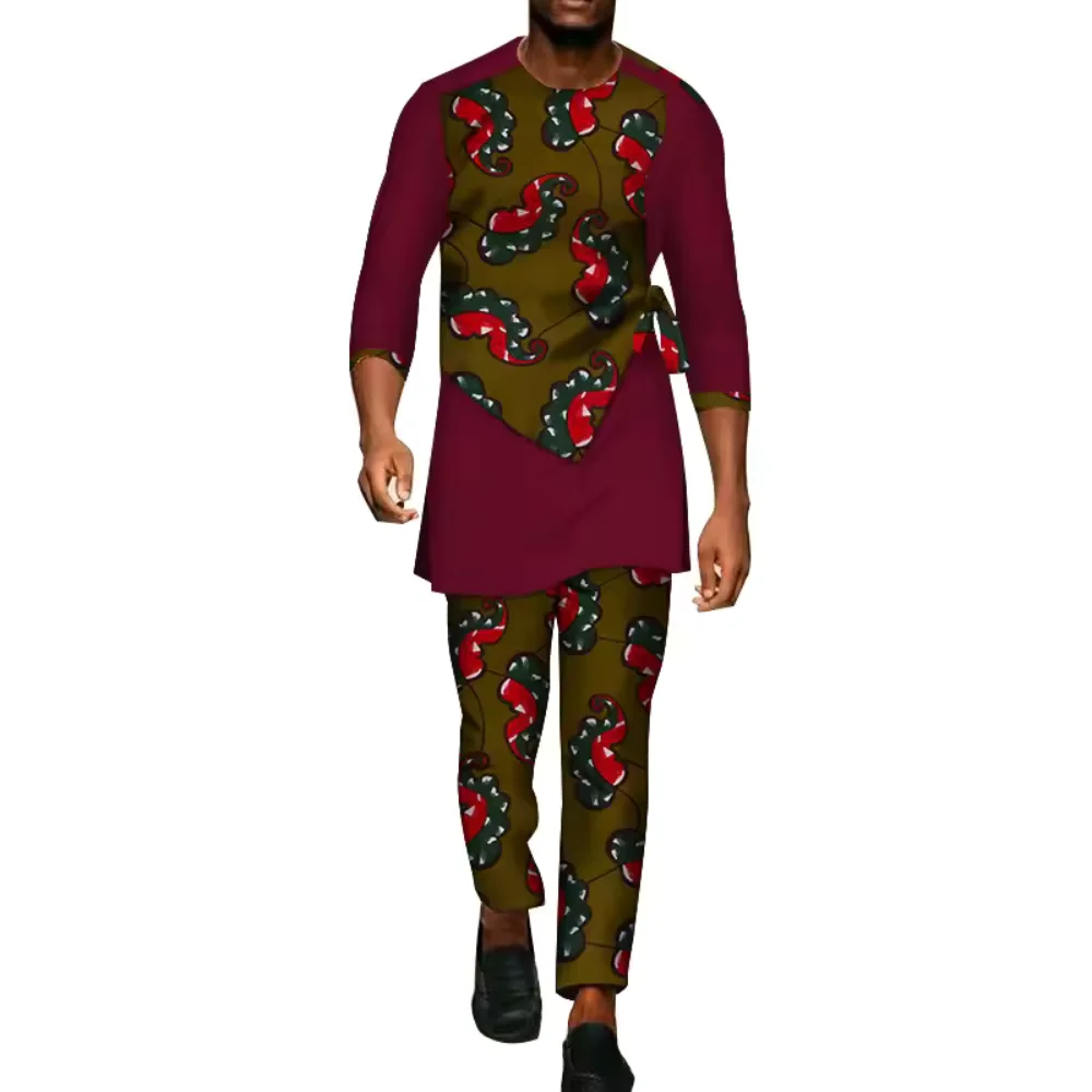 Men Cotton African Ankara 2-Piece Dashiki Formal Party Matching Suit Long Sleeve Tunic Shirt Pants Eco-Friendly Anti-Wrinkle