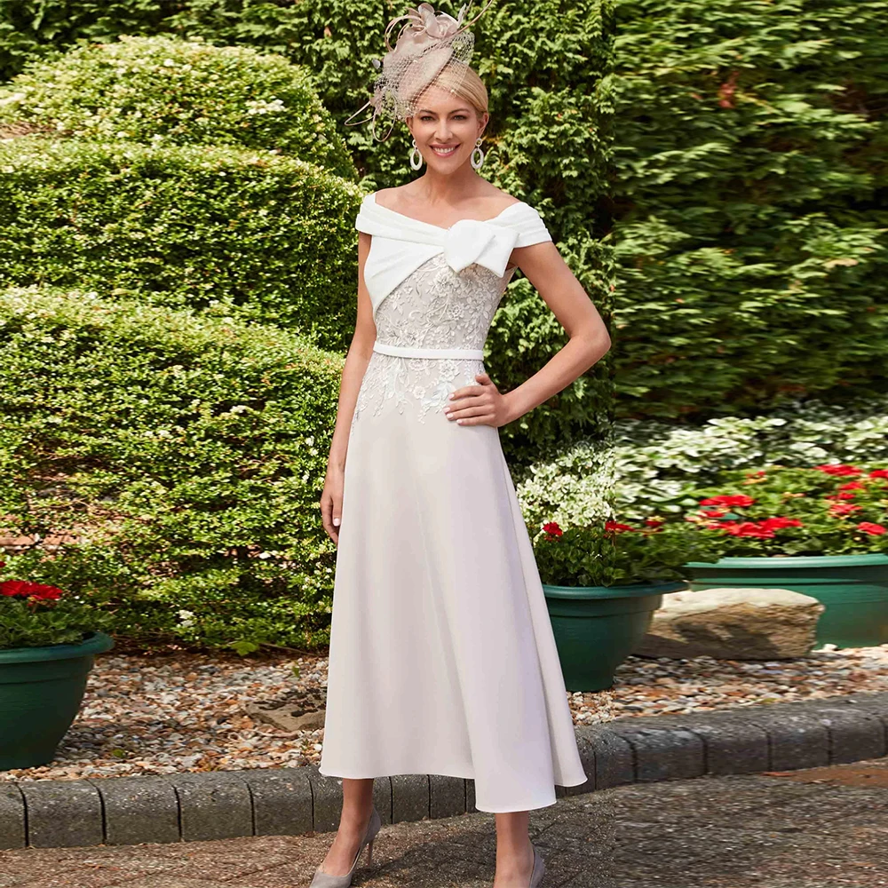 

Contrast Color Wedding Guest Dresses Elegant Crepe Fabric A-line Prom Dress Grey and White Off-the-shoulder Lace Belt Party Gown
